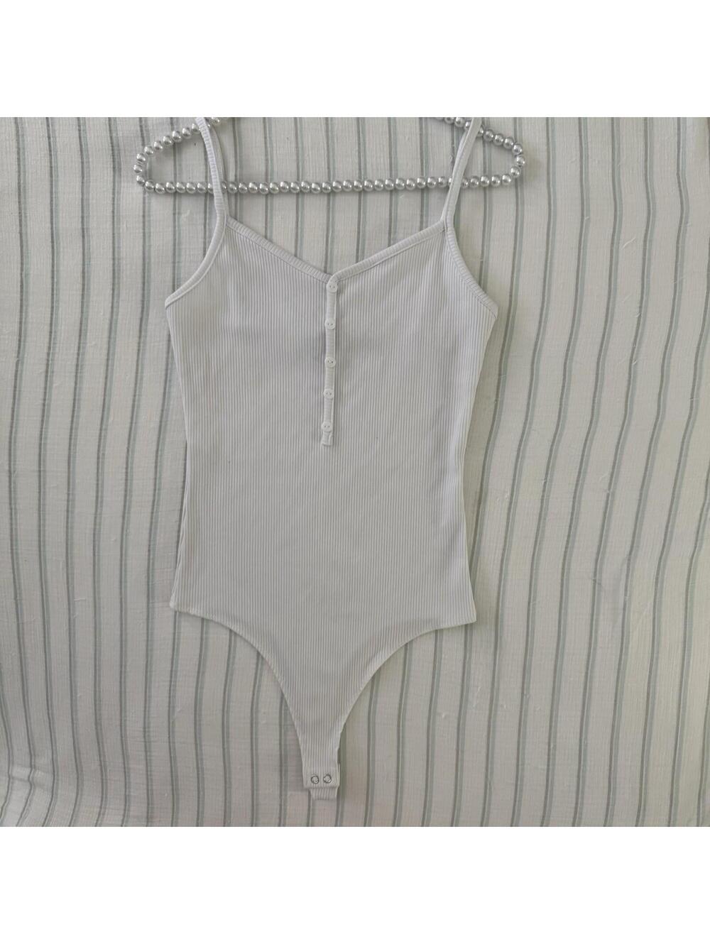 Popular 21 Womens Bodysuit White Button Front One Piece Snap bottom Size Medium